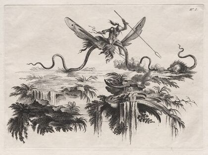 A Savage mounted on a winged Serpent battling with a wild beast resembling a Porcupine (1769)