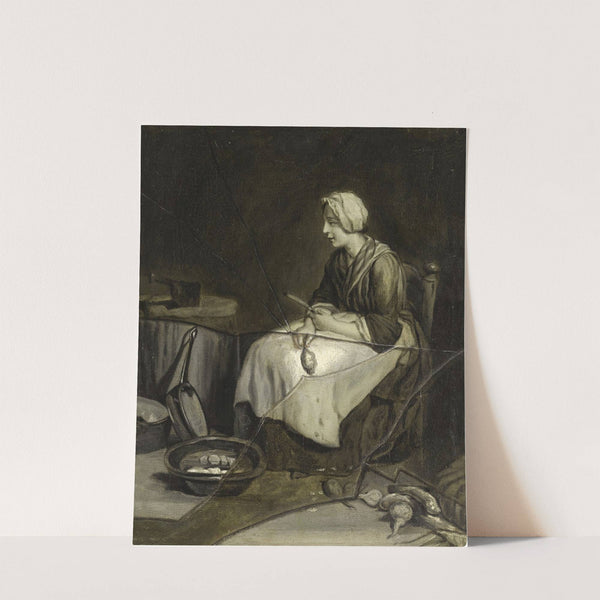 A scullery maid peeling potatoes, with trompe l’œil broken glass by François-Xavier Vispré