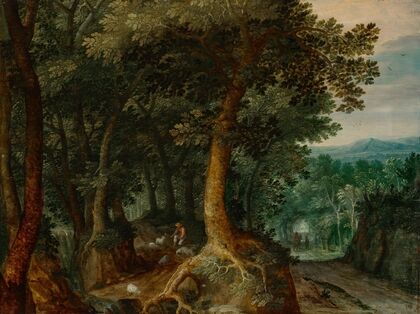 A shepherd in a wooded landscape