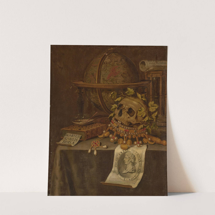 A skull atop a jewelled crown, an astrological globe, an hourglass, a book, a shell with soap bubbles and an engraved portrait of the Emperor Augustus on a draped table