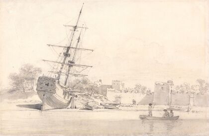 A Small Sailing Ship Drawn Up on the Shore Below Some Fortified Buildings — size preview