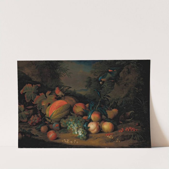 A split melon, peaches, plums, grapes, apples and currants with a parrot and a bullfinch, a mountainous landscape beyond by Tobias Stranover