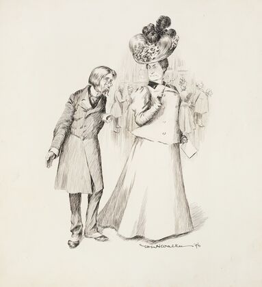 A stern older woman looks down at a shorter man who is missing a hand at a party. (1896)