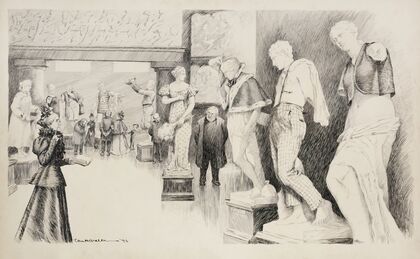 A stern woman and a clergyman look disapprovingly at nude statues in a museum which have been covered with clothes. (1897)