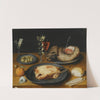 A Still Life Of A Roast Chicken, A Ham And Olives On Pewter Plates With A Bread Roll, An Orange, Wineglasses And A Rose On A Wooden Table by Osias Beert the Elder