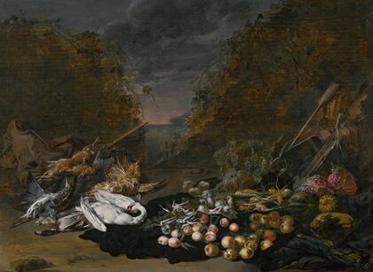 A still life of a swan and other birds, with rabbits, fruit and vegetables and a landscape beyond