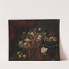 A still life of flowers set on a table with a carpet, a music book and a dog seated on a pillow by François Habert