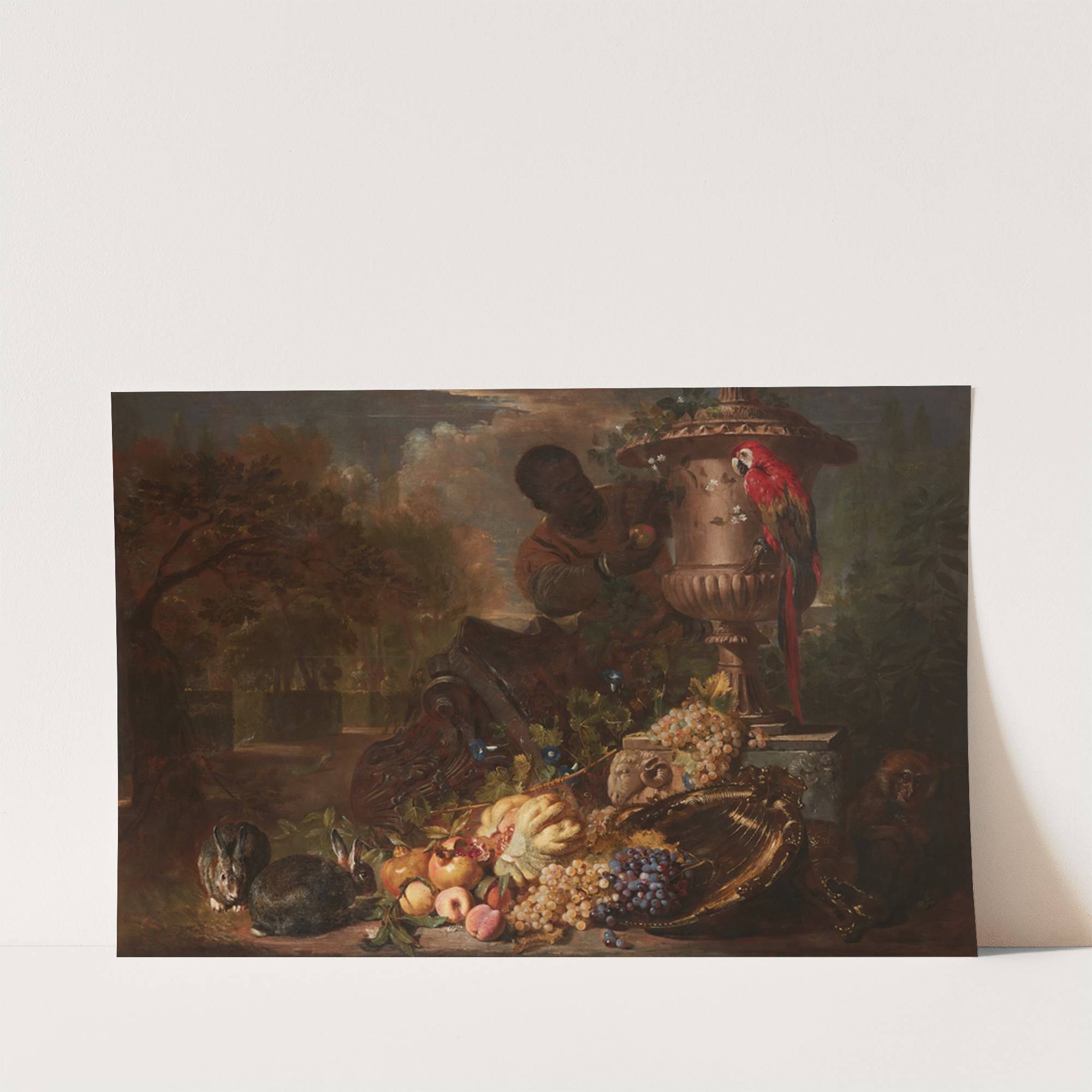 A Still Life of Fruit on a Silver Dish with Figure, Rabbits, Parrot, a ...
