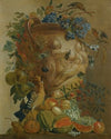 A Still Life Of Melons, Grapes, Peaches And Other Fruits In A Stone Urn With Birds
