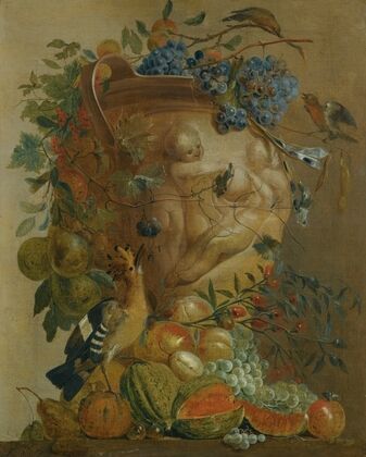 A Still Life Of Melons, Grapes, Peaches And Other Fruits In A Stone Urn With Birds