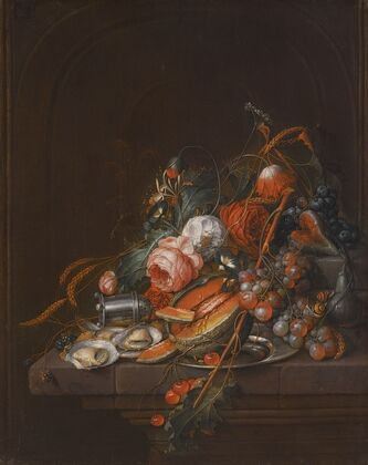 A Still Life Of Oysters, Grapes, Cherries, Roses, Corn, Snails, A Melon And A Silver Sugar Shaker On A Stone Plinth