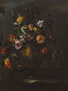 A Still Life Of Roses, Tulips And Other Flowers In A Bronze Vase On A Stone Ledge