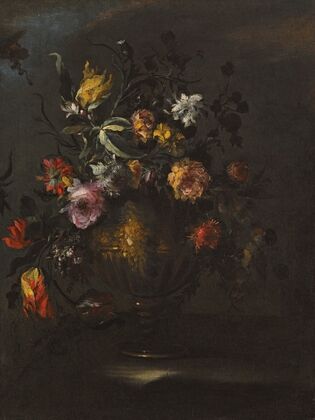 A Still Life Of Roses, Tulips And Other Flowers In A Bronze Vase On A Stone Ledge