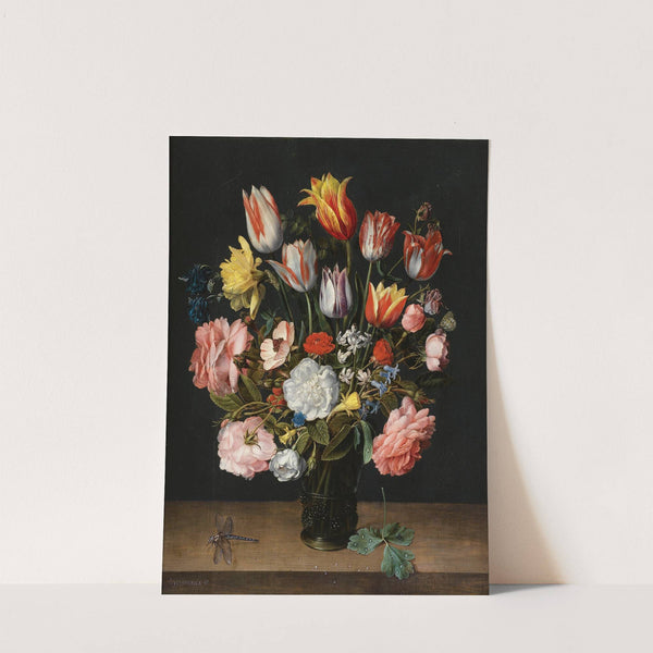 A Still Life Of Tulips, Roses, Bluebells, Daffodils, A Peony And Other Flowers In A Glass Roemer On A Wooden Ledge With A Dragonfly by Jacob van Hulsdonck