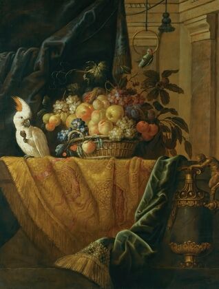 A Still Life With A Basket Of Fruit And A Parakeet Upon A Ledge Draped With A Damask Beside An Ormolu Mounted Porphyry Vase