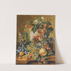 A Still Life With A Basket Of Fruit, Nuts And Flowers On A Stone Ledge by Jacobus Linthorst