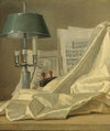 A Still Life With A Bouillette Lamp, A Sheet Of Music, A Violin Or A Cittern, And A White Satin Cloth On A Stone Ledge