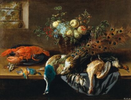 A still life with a peacock, fruit, a lobster and bird