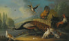 A still life with a peacock, pigeons and chickens in a river landscape