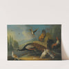 A still life with a peacock, pigeons and chickens in a river landscape by Marmaduke Cradock