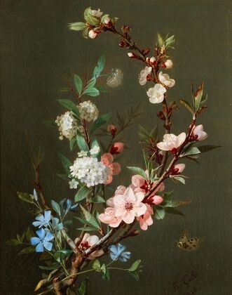 A Still Life With Branches Of Cherry Blossom, Periwinkle And Viburnum Together With A Butterfly (1846)