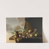 A Still Life With Grapes, Pears, A Peach And Roses In A Waanli Kraak Porcelain Bowl, With A Roemer And A Half-Peeled Lemon On A Partly Covered Table Top by Michiel Simons