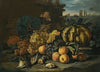 A Still Life With Melons, Apples, Black And Green Grapes, A Pomegranate And Birds On A Forest Floor, A Landscape Beyond With A Town On The Horizon