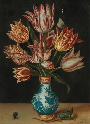 A still life with parrot tulips in a Wan-Li vase, a fly and a lizard — size preview