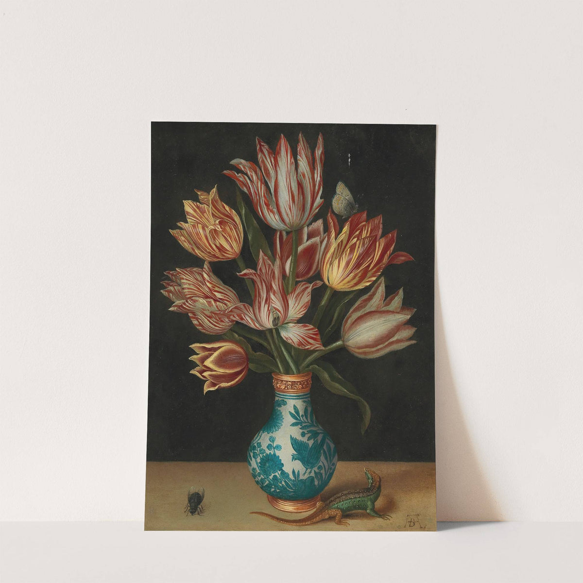 A still life with parrot tulips in a Wan-Li vase, a fly and a lizard by Circle of Ambrosius Bosschaert I