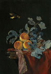 A Still Life With Peaches, Raspberries And Damsons On A Partially Covered Marble Ledge, A Bird Flying Above
