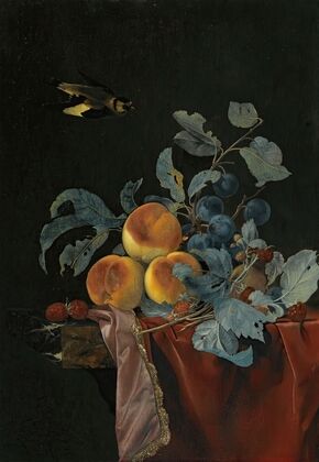 A Still Life With Peaches, Raspberries And Damsons On A Partially Covered Marble Ledge, A Bird Flying Above