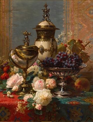 A Still Life With Roses, Grapes, And A Silver Inlaid Nautilus Shell
