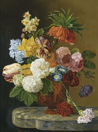 A Still Life With Roses, Peonies, Tulips, Daffodils, Carnations And Other Flowers In A Vase