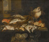 A Still Life With Salmon, Plaice, A Crab And Other Fish Arranged On A Table, A View Of The Sea Beyond