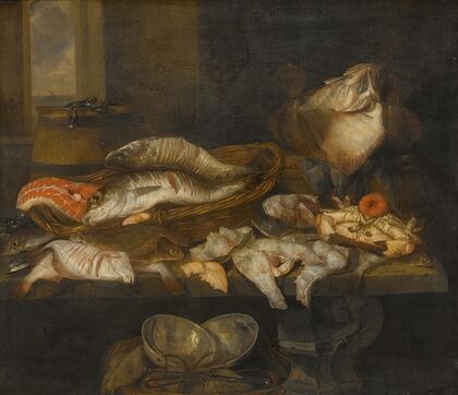 A Still Life With Salmon, Plaice, A Crab And Other Fish Arranged On A Table, A View Of The Sea Beyond