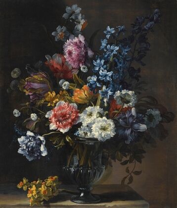 A Still Life With Tulips, A Hyacinth And Other Flowers In A Glass Vase On A Stone Plinth — size preview