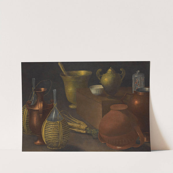 A Still Life With Two Wicker Covered Glass Bottles, An Upturned Terracotta Pot, A Selection Of Other Vessels And A Bunch Of Carrots. by Rodolfo Lodi