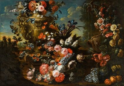 A stone urn on steps decorated with flowers and fruit beside a dolphin-headed fountain in an extensive landscape