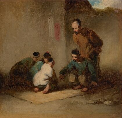 A street scene in Macau with five men gambling