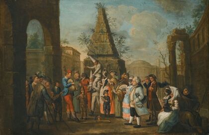 A Street Scene With Commedia Dell’arte Performers AndÂ MusiciansÂ GatheredÂ Around TwoÂ Puppets, An Obelisk Beyond