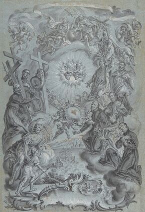 A Study for a Frontispiece; The Trinity and Saints surrounding the Sacred Hearts of Christ and the Virgin Mary, a Coastal Landscape Below