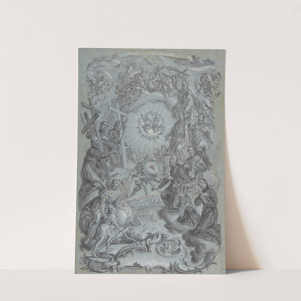 A Study for a Frontispiece; The Trinity and Saints surrounding the Sacred Hearts of Christ and the Virgin Mary, a Coastal Landscape Below by Vitus Felix Rigl