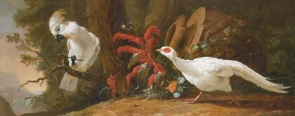 A Sulphur-Crested Cockatoo, A Red-Crested Cardinal And A White Pheasant In A Landscape With A Fallen Urn In The Background