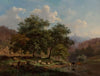 A summer landscape with figures resting with their flock beside a river where cattle are watering