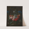 A swag of roses, peonies, anemones, snowballs, carnations and other flowers suspended from ribbons before a stone niche by Nicolaes Van Verendael