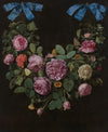 A swag of roses suspended from blue ribbons