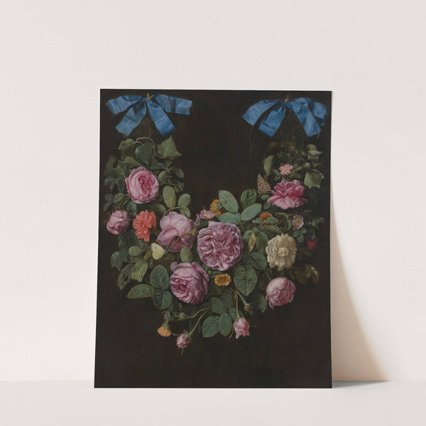 A swag of roses suspended from blue ribbons by Jan Van Kessel The Elder