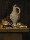 A toebakje still life of smoking utensils, a jug and a tall glass partly filled with beer