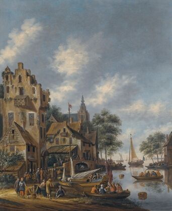 A Town On The Banks Of A River With Figures At The Waterside