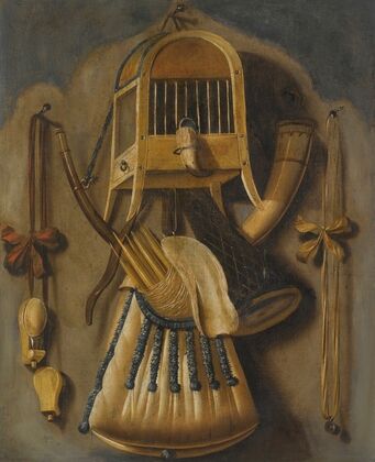 A Trompe L’oeil Still Life With A Bird Cage, A Hunting Horn, A Bird Whistle, And Other Hunting Implements Hanging On A Wall